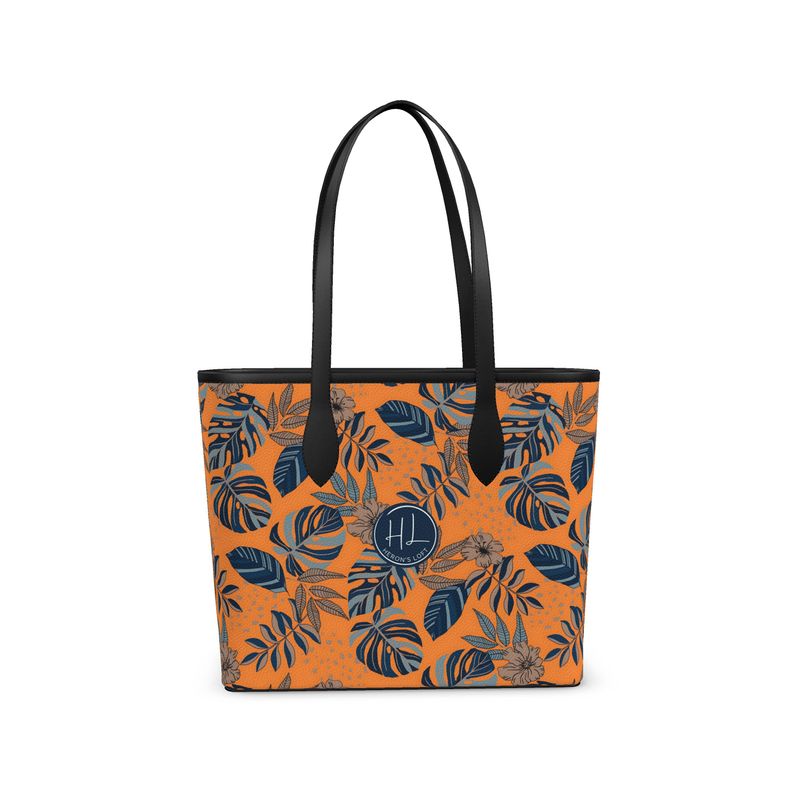 City Tote Bag - Nappa Leather - Midnight Monstera - Cadmium Orange