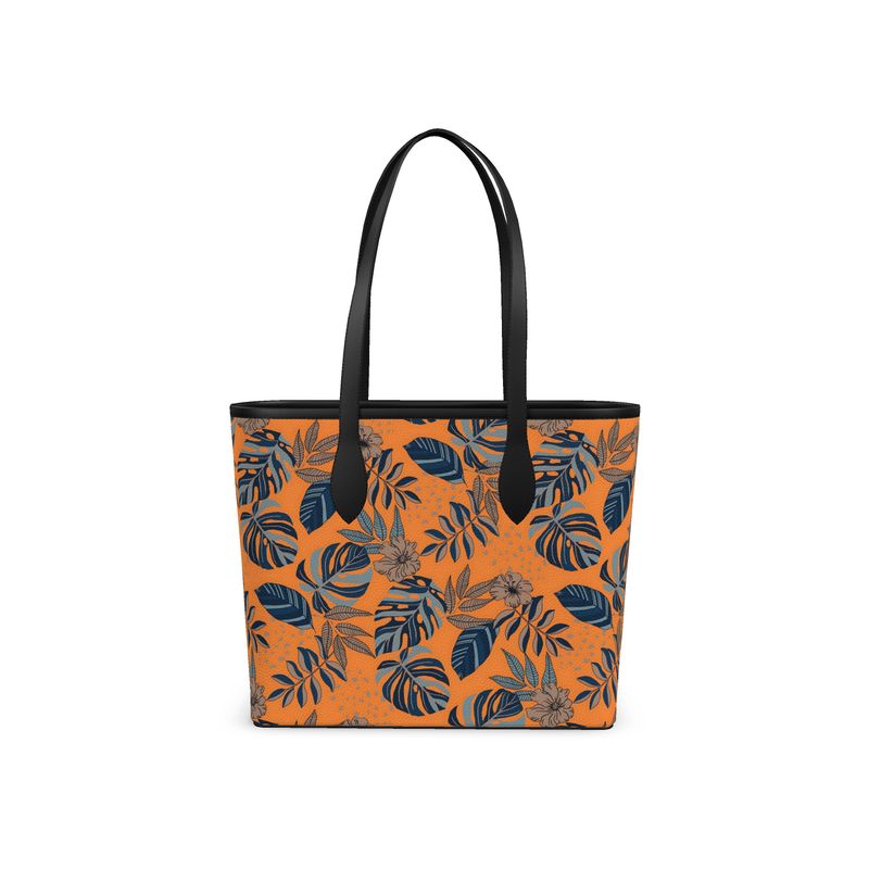 City Tote Bag - Nappa Leather - Midnight Monstera - Cadmium Orange