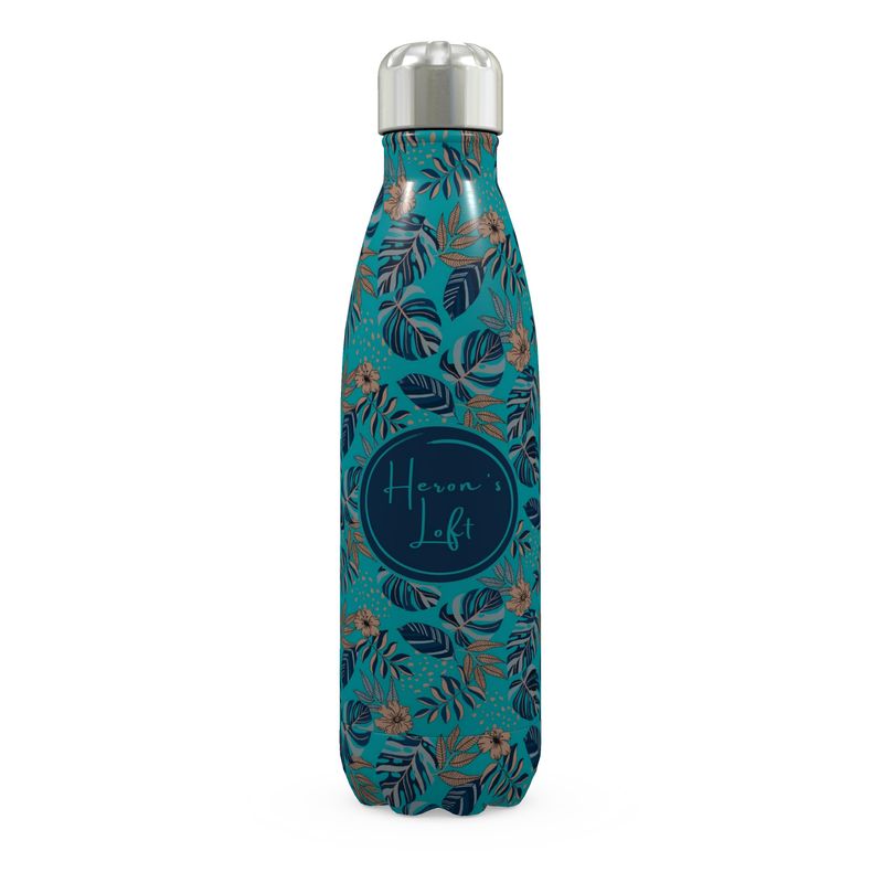 Stainless Steel Water Bottle - Midnight Monstera - Cyan Noir